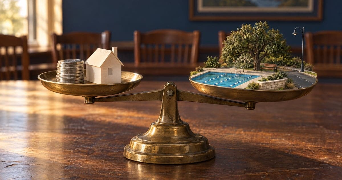 A brass balance scale on a wooden table, with a stack of coins and a small paper house on one pan and a miniature pool, park bench, oak tree, and lit street on the other, almost level