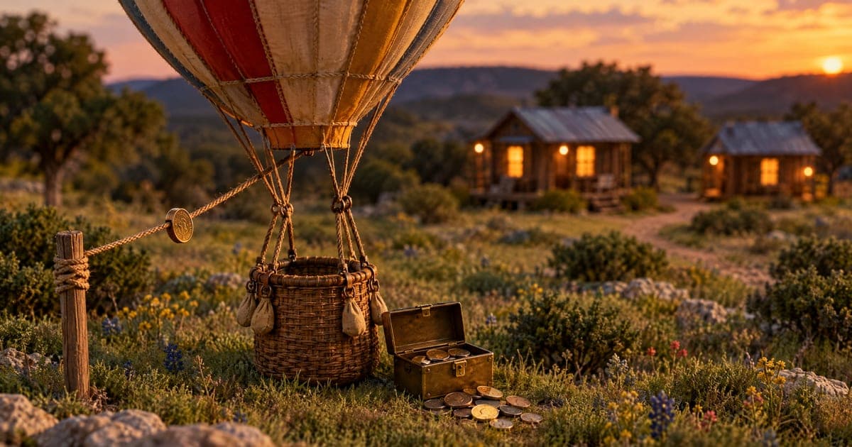 A miniature hot air balloon tied to a wooden stake in a Hill Country meadow at sunset, with an open brass cash box and spilled coins beside its basket and two small lit cabins behind