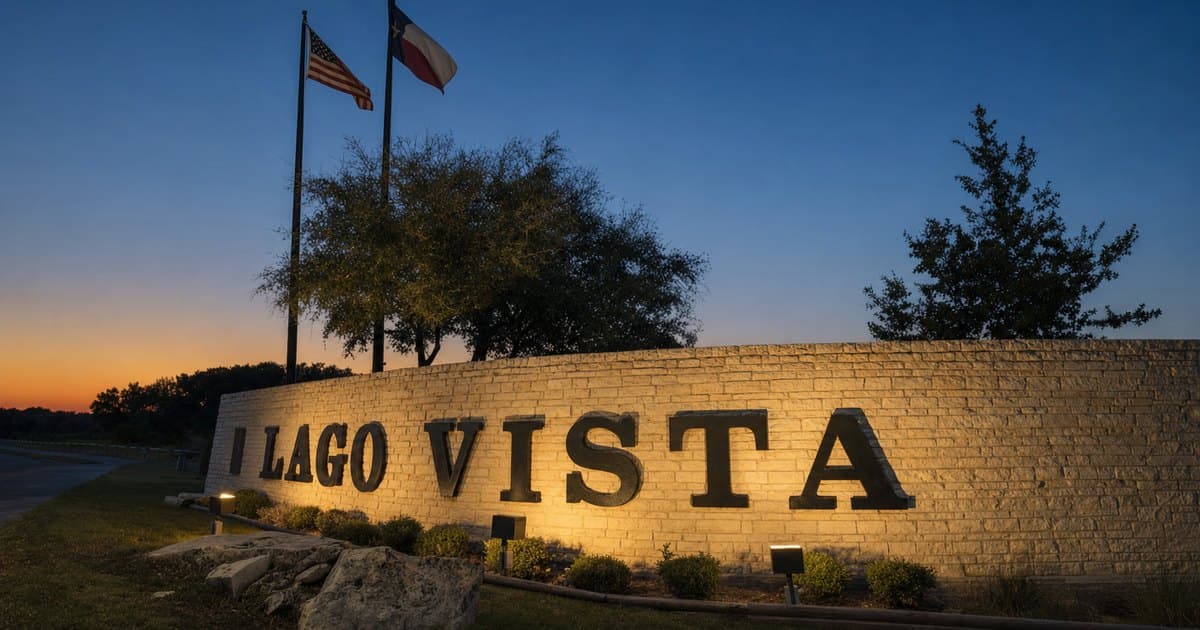 The limestone Lago Vista entrance monument at dusk, lit from below, with the United States and Texas flags flying behind it