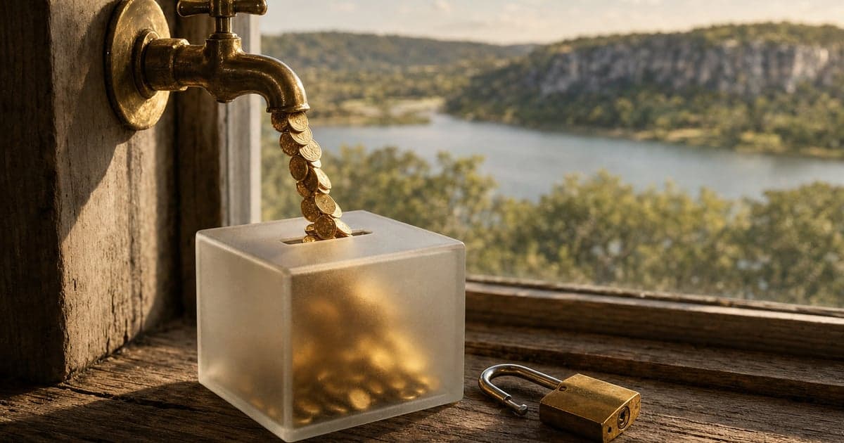 An old brass faucet on a weathered wooden windowsill pours a stream of gold coins into a closed box of frosted glass, so the coins inside are only a blur. An unlocked brass padlock lies beside it, and a Hill Country lake shows through the window. AI illustration, not a real scene from Lago Vista.