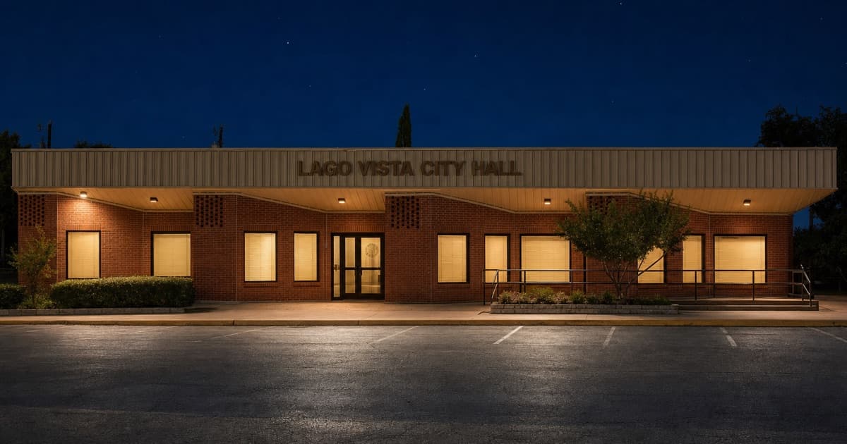 Lago Vista City Hall at night, lights glowing behind closed blinds and an empty parking lot in front