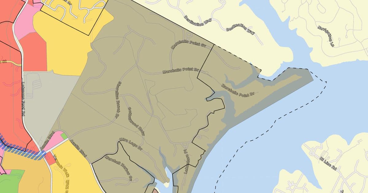 Crop of the city's draft land use map showing the area along Shoreline Ranch Drive and Marshalls Point Drive, east of Austin Boulevard, shaded in one olive color beside Lake Travis
