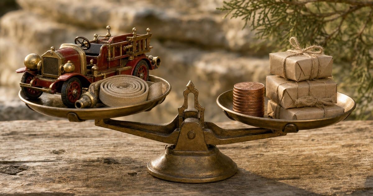 A toy red and brass fire engine and a coil of canvas fire hose sit on one pan of an antique brass balance scale. The other pan holds a stack of ten pennies and three paper parcels tied with string. AI illustration, not a real scene from Lago Vista.