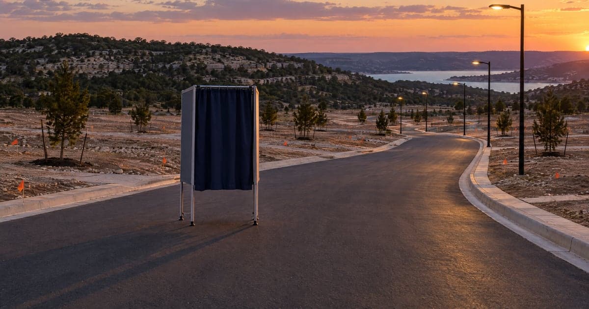 A single voting booth with a closed curtain stands on a new, empty street in a Hill Country subdivision at dusk, with graded lots, survey flags, new streetlights, and a lake in the distance. AI illustration, not a real scene from Lago Vista.