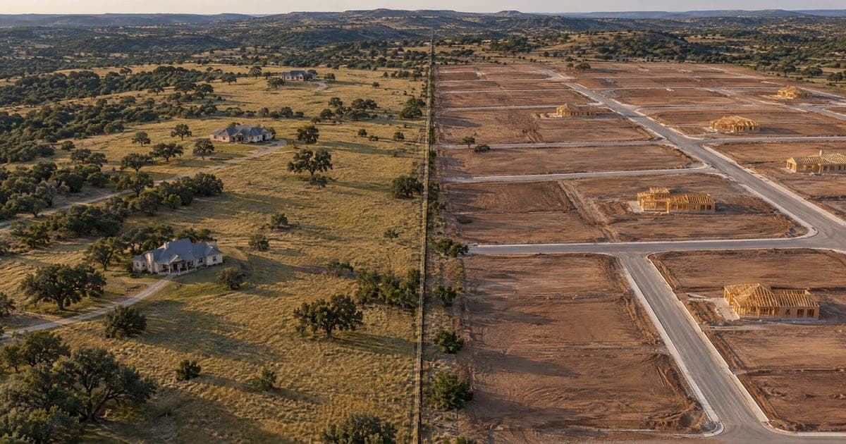 Aerial view of Texas Hill Country ranch land split by a fence line, with three homes on wide pasture on one side and a grid of graded lots with new house frames on the other