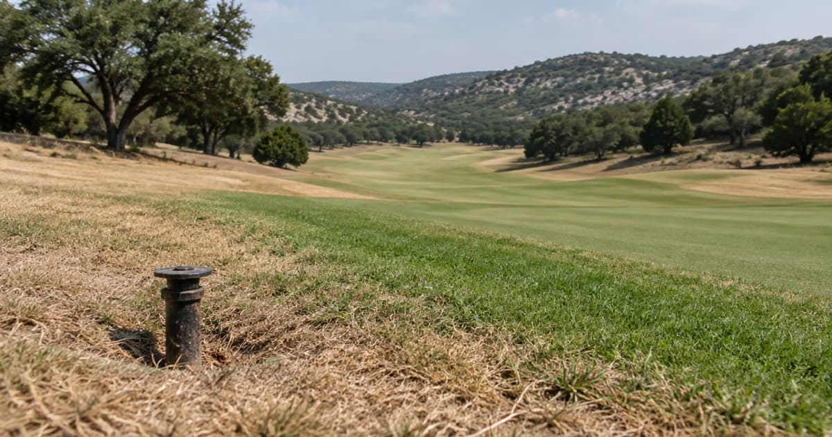 A sprinkler head in dry grass on a Texas Hill Country golf fairway. AI illustration, not the Lago Vista course.