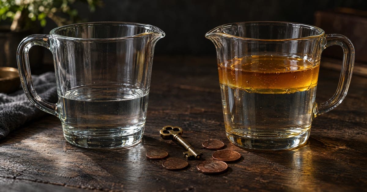 Two clear glass measuring jugs on a dark wooden table. One holds a little water. The other holds the same water with a thick golden layer of honey pooled on top, next to a small brass key and copper coins. AI illustration, not a real scene from Lago Vista.