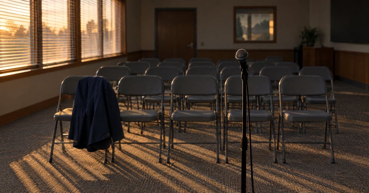 An empty briefing room at dusk, with a single microphone on a stand facing rows of empty folding chairs and a navy jacket over one chair. AI illustration.