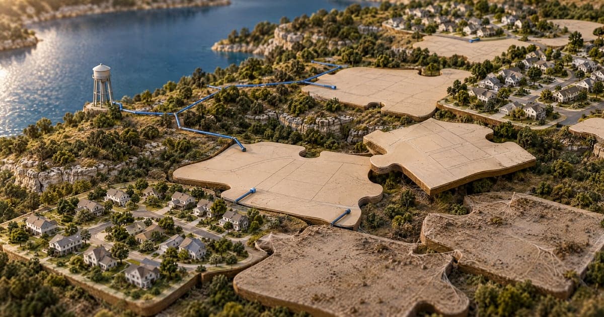 A tabletop model of Hill Country beside a lake, split into large puzzle-piece parcels. A few parcels hold rows of small finished houses, while most are bare, two are covered in dust and cobwebs, and blue model water pipes from a small water tower stop short of most of them. AI illustration, not a real scene from Lago Vista.