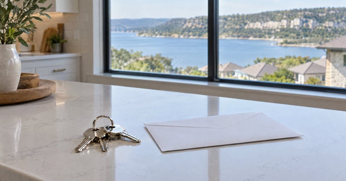 A ring of new house keys and a plain sealed envelope sit on a white kitchen counter, with a Hill Country lake, limestone bluffs, and new rooftops seen through a large window. AI illustration.