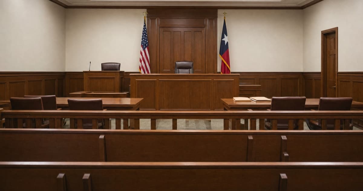 An empty courtroom with a wooden judge's bench, counsel tables, and U.S. and Texas flags. AI illustration.