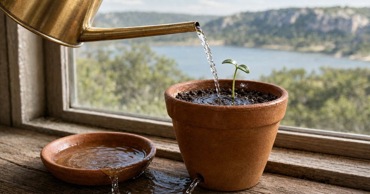 A brass watering can pours water into a clay pot holding one small seedling on a windowsill above a Hill Country lake, while water drains out of the pot and spills from a saucer beside it. AI illustration.