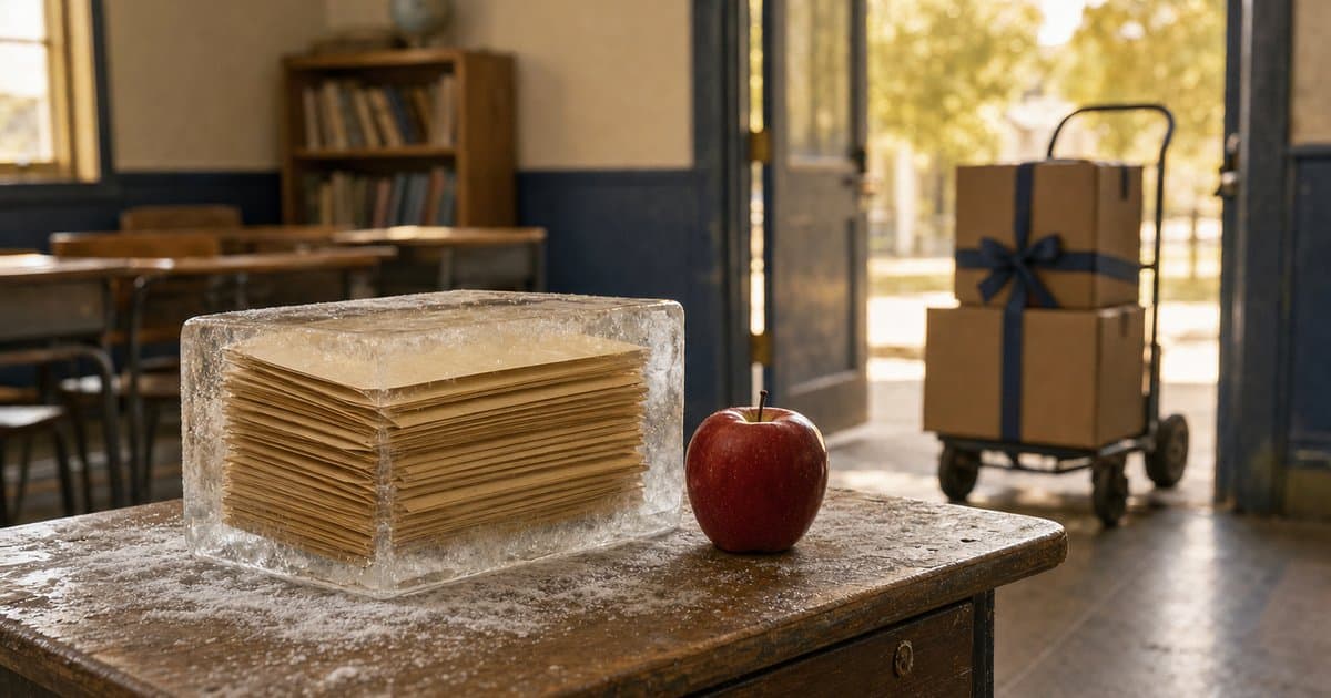 A stack of blank pay envelopes frozen inside a block of ice on a frosted classroom desk beside a red apple, while moving boxes tied with navy ribbon wait on a hand truck in the sunlit doorway. AI illustration, not a real Lago Vista classroom.