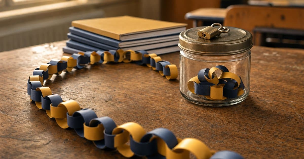 A long paper chain of yellow and navy loops curves across a worn wooden classroom desk. A short run of loops sits sealed in a glass jar with a brass padlock, beside a stack of notebooks. AI illustration, not a real scene from Lago Vista.