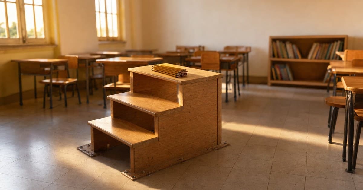 A wooden three-step stool bolted to the floor of an empty, sunlit classroom, with a stack of pencils on its top step. AI illustration, not a real Lago Vista classroom.