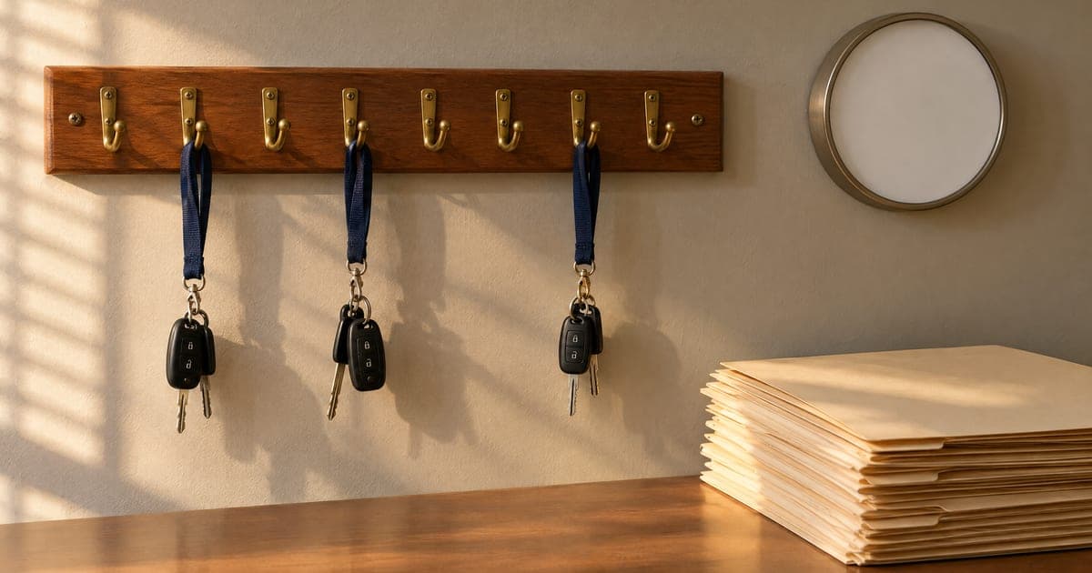 A wooden wall rack of brass key hooks, most of them bare and three holding patrol-car keys on navy lanyards, beside a blank-faced desk clock and a stack of folders. AI illustration.