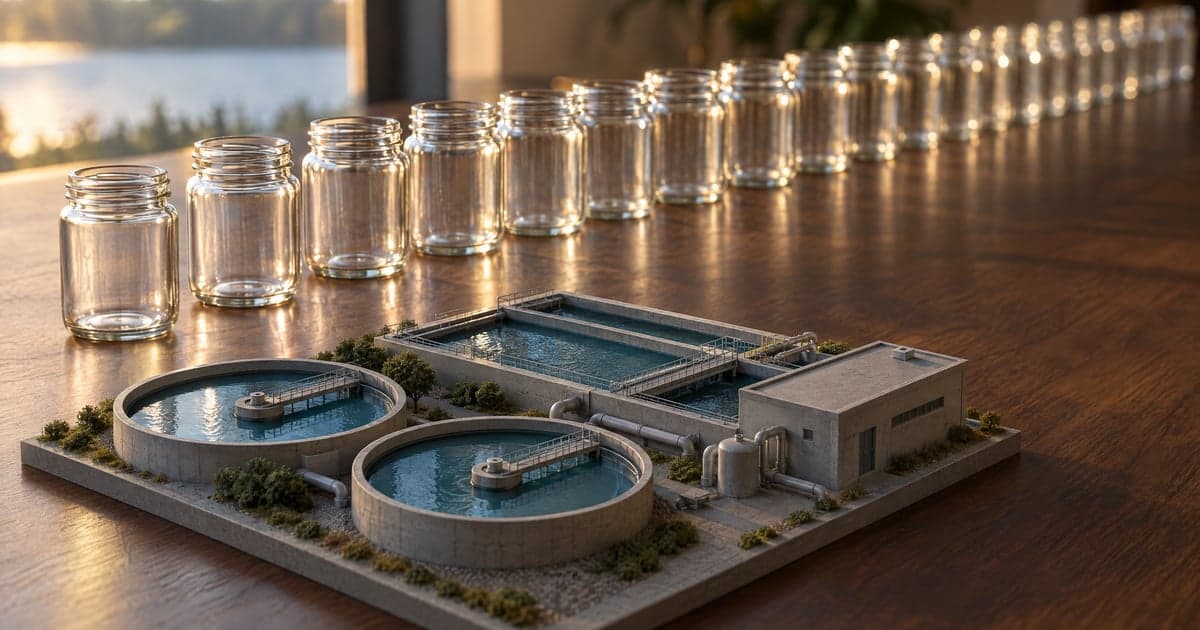 A small tabletop model of a wastewater treatment plant, with two round tanks, a long basin, and a low building, sits on a wooden table in front of a long row of identical empty glass jars that fade into the distance. AI illustration.