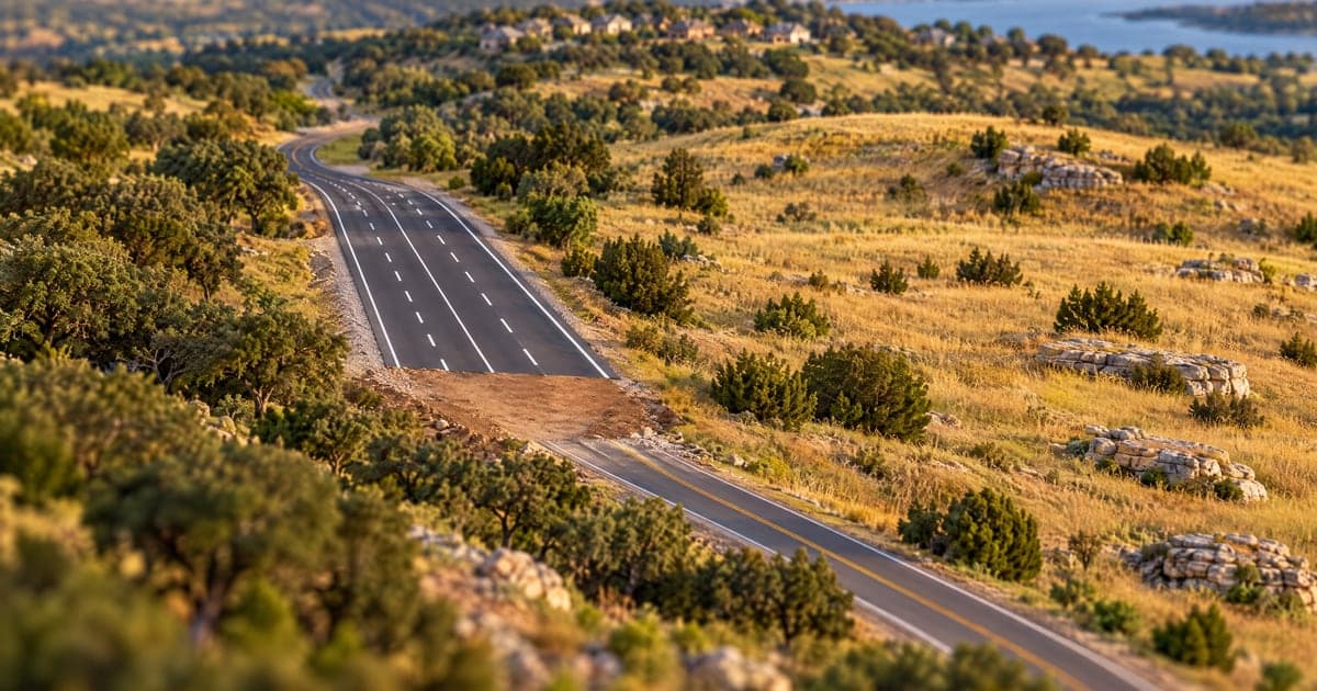 A tilt-shift model of a two-lane Hill Country road that widens to four lanes for a short stretch, then stops at bare dirt and narrows again, beside an empty golden hillside of ranch land with homes on a far ridge. AI illustration, not a real Lago Vista road.