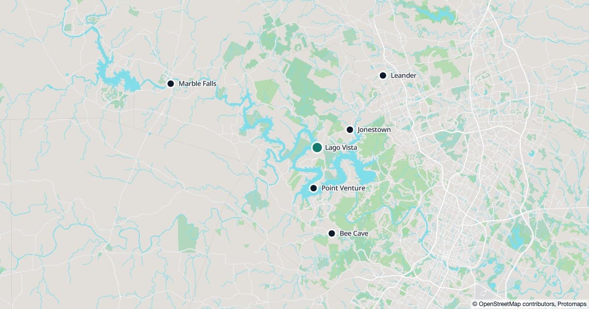 Map of Lake Travis and the Texas Hill Country marking Lago Vista, Jonestown, Point Venture, Leander, Marble Falls, and Bee Cave