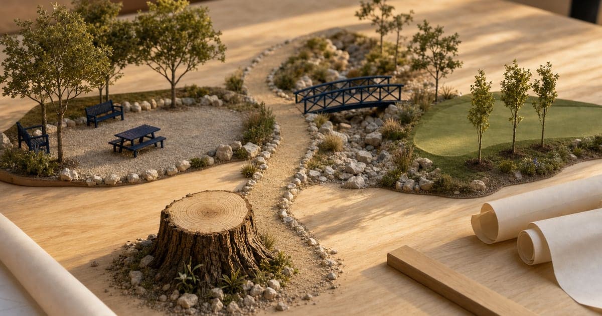 A tabletop model on a wooden drafting table: a cut tree stump in front, with a crushed granite path winding from it to a small park with benches and a picnic table, a footbridge over a dry creek, and young trees along a golf green. AI illustration, not a real scene from Lago Vista.