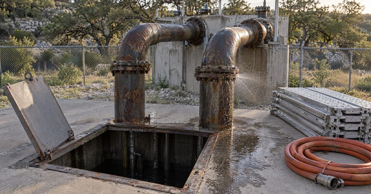 Two rust-streaked discharge pipes rise from an open lift station wet well, one leaking a spray of water at a flange joint, with an open hatch door, scaffolding planks, and a coiled hose on wet concrete. AI illustration.